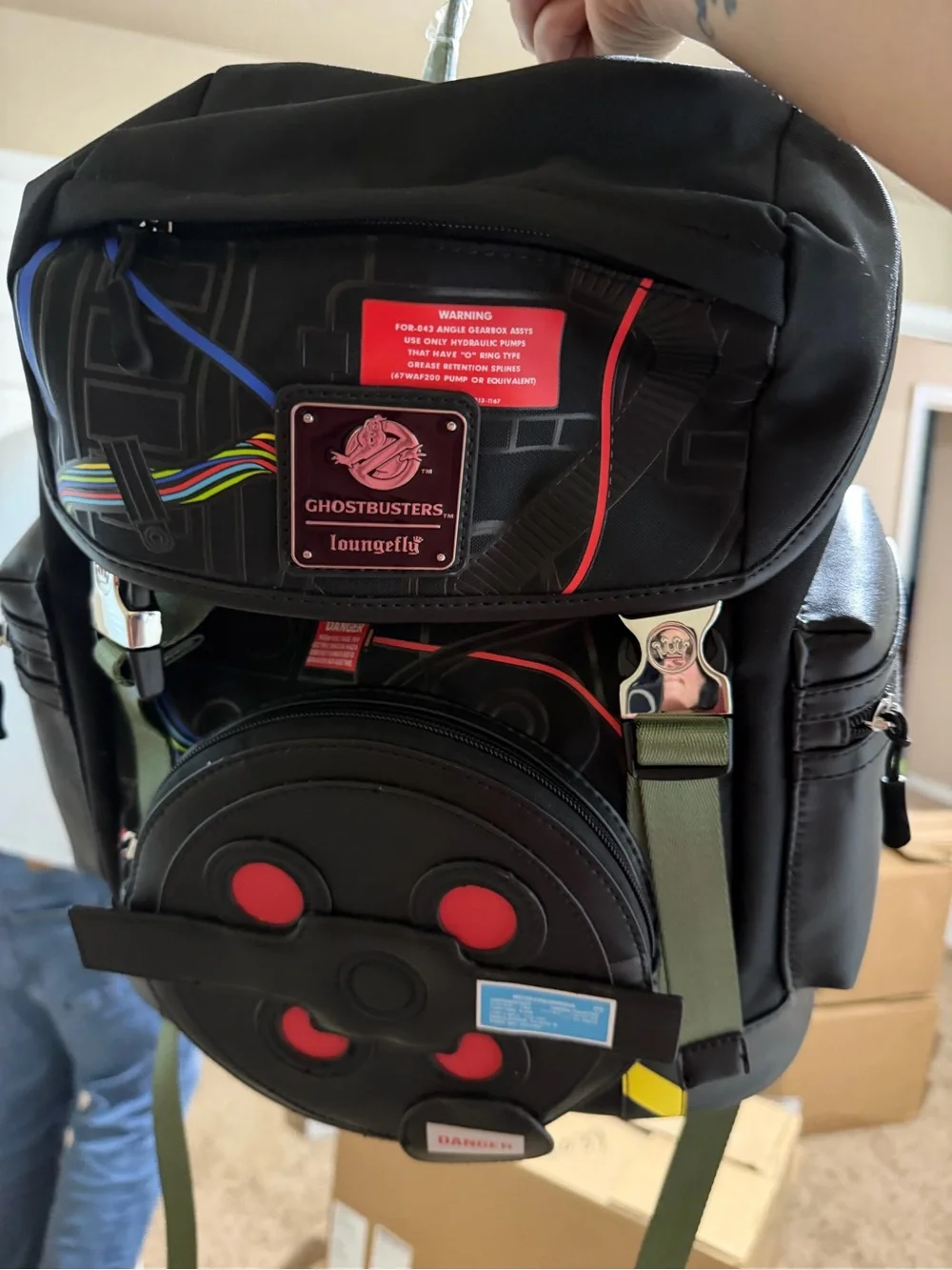 Loungefly Black Backpack with Red, Yellow & Green Proton Pack Accents